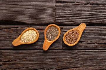 Organic chia, flaxseed and quinoa seeds in the spoons - Linum usitatissimum, Salvia hispanica and Chenopodium quinoa.