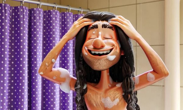 Joyful Animated Character Enjoying a Relaxing Shower With Squeaky Clean Bubbles