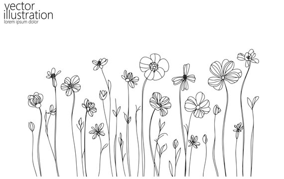  One line floral set element. Black and white monochrome continuous single line art. Floral nature Woman day gift romantic date illustration sketch outline drawing - Powered by Adobe