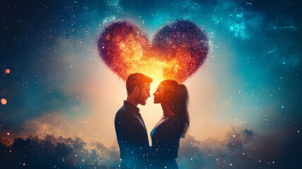 A romantic couple embraces against a cosmic background