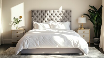 This elegant bedroom showcases a comfortable queensized bed with a tufted gray headboard, dressed in crisp white bedding, surrounded by tasteful decor and natural light