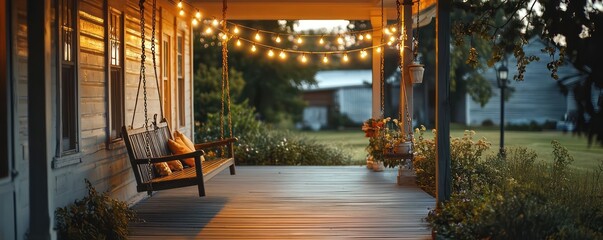 A farmhouse porch during a summer evening, with soft lights strung above, a swinging bench, and a laid-back atmosphere perfect for sipping iced tea