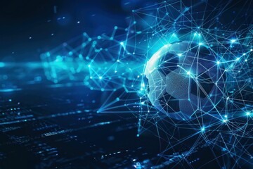 Futuristic soccer ball surrounded by digital connections and glowing lines on a dark background
