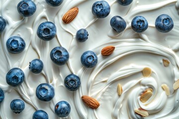 Fresh blueberries scattered over creamy yogurt with almonds in a vibrant, textured arrangement