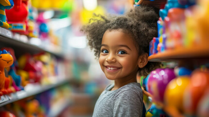 little girl with a smile on his face in a toy store looking at toys with interest