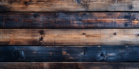 A close-up view of weathered wooden planks with rich, rustic textures and deep brown tones. The natural grain and aged look provide a vintage feel, perfect for organic backgrounds.