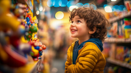 Obraz premium little boy with a smile on his face in a toy store looking at toys with interest