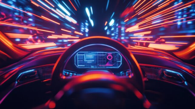 Visual image of autonomous driving car and digital speedometer technology