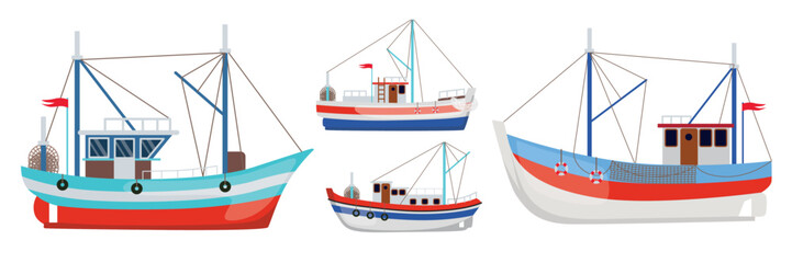 Set of beautiful yachts and fishing boats in cartoon style. Vector illustration of different types of sea fishing vessels with fishing nets, lifeguards in circles, flags isolated on white background.