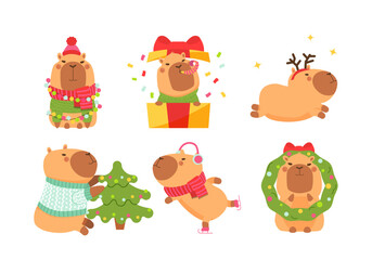 Set of cute funny capybaras with Christmas decorations. Isolated animal character capybara rodent. Postcard, poster, sticker for New Year Holiday seasonal decoration for design, kids collection