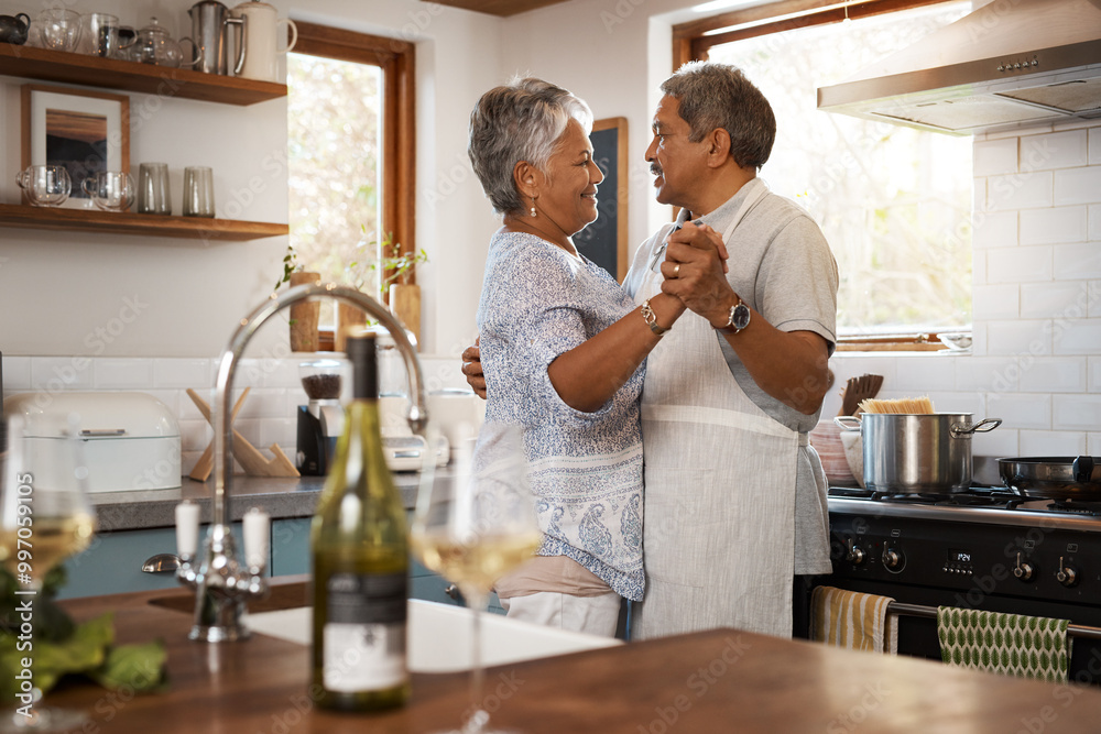 Sticker Dancing, love and senior couple in kitchen for bonding, loving relationship and romance together in home. Retirement, marriage and mature man and woman with wine for cooking meal, lunch and dinner