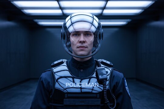 Cyberpunk Law Enforcement: A futuristic policeman stands guard in a stark, minimalist setting, his helmet reflecting the sterile environment, creating a sense of tension and anticipation.  