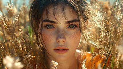 Beautiful Woman with Freckles in a Field of Grass
