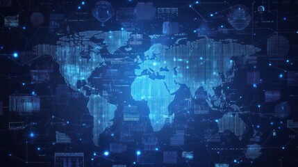 Abstract digital world map on blue background with binary code and global network connection technology concept, data transfer and cyber security in the cyberspace