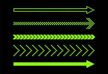 Set of y2k pixel direction arrow sign. Straight long arrows in pixel art. Neon. Game abstract element. Vector acid green design elements. Retro trendy brutal style. Simple geometric shape for posters