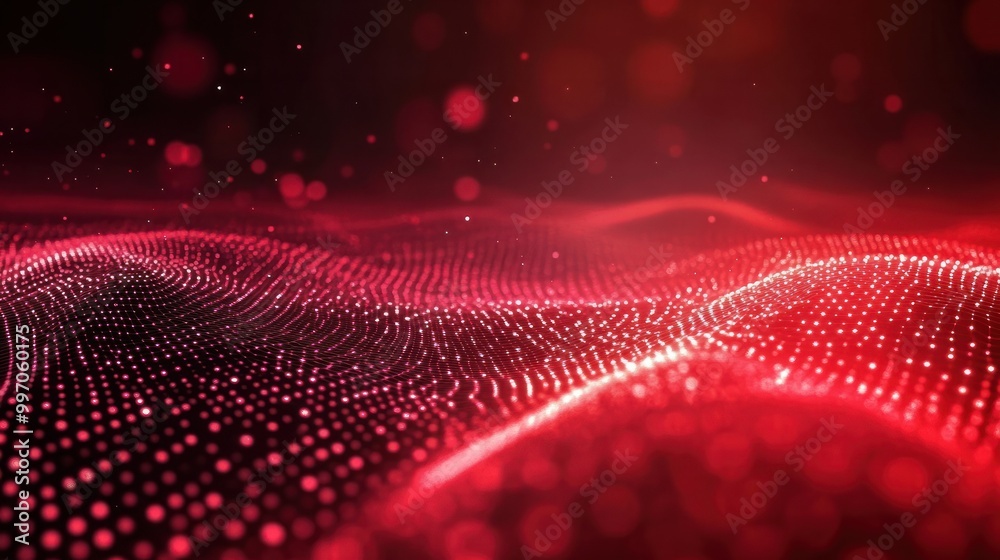 Poster abstract red tech background with digital waves, dynamic network system, artificial neural connectio