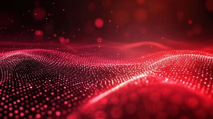 Abstract red tech background with digital waves, Dynamic network system, Artificial neural connections, Technology background.