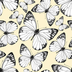 Seamless pattern of realistic butterfly. Hand drawn illustration. Painted  butterflies elements on yellow background. Black and white. Animal motif. For fabric, textile, design, banner, wrapping paper