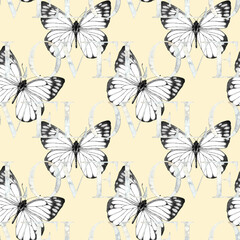 Seamless pattern of realistic butterfly. Hand drawn illustration. Lettering Love message. Painted black butterflies on yellow background. Animal motif. For fabric, textile, design, banner, wrapping.
