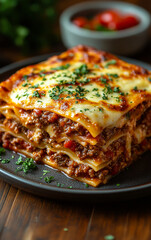 A large lasagna with meat and cheese on a plate. The dish is topped with parsley and tomatoes