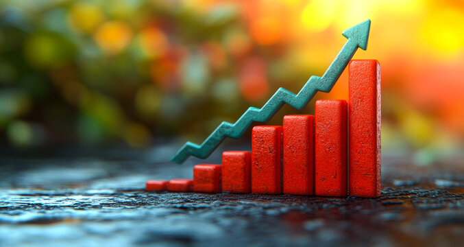 A red and green bar graph with a green arrow pointing upward. The graph is on a dark background