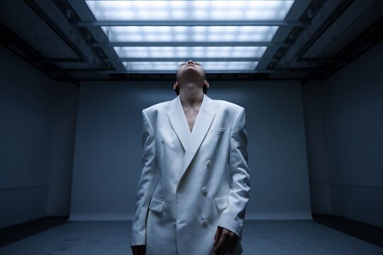 Reaching for the Light: A solitary figure in a crisp white blazer, head tilted upwards, stands in a stark, minimalist space, illuminated by a grid of fluorescent lights.