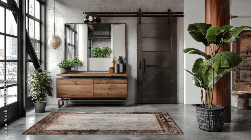 Wall mural a modern industrial entryway with a wood and metal console, large mirror, and concrete floor with a 