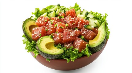 Avocado and tuna salad, poke, tuna, fresh healthy food icon, isolated, AI generated