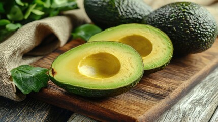 Freshly cut ripe avocado halves on a wooden cutting board.