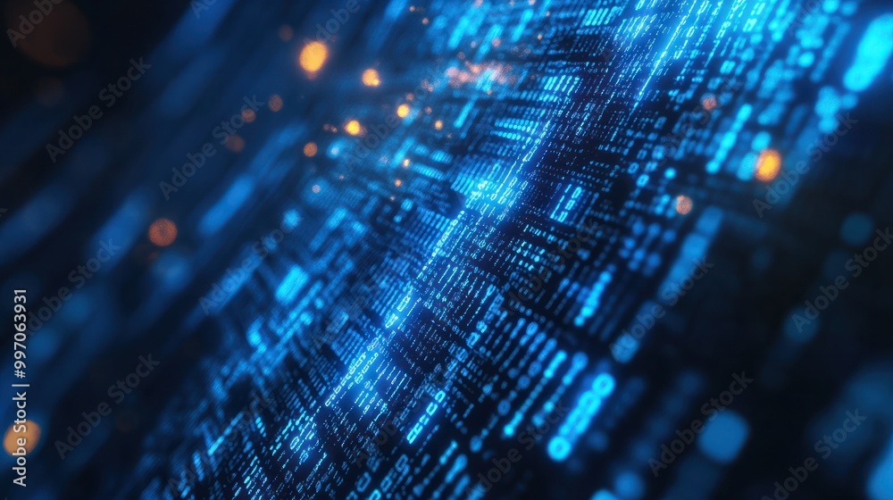 Poster blue digital binary data on computer screen background