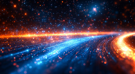 A blue and orange line of glitter is shown in the sky. The blue and orange colors create a sense of contrast and movement, while the glitter adds a sense of sparkle and magic to the scene
