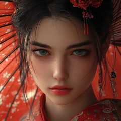 Hyper-realistic portrait of a modern geisha with porcelain skin and adorned hair