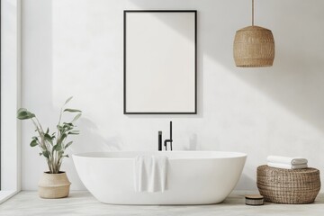 Modern Minimalist Bathroom Poster Mockup in White Scandinavian Interior Design