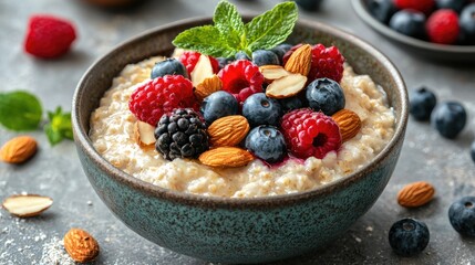 Healthy oatmeal topped with mixed berries and almonds in a bowl.
