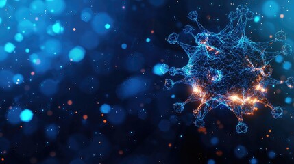 Abstract blue background with glowing molecules and particles, suitable for scientific themes.