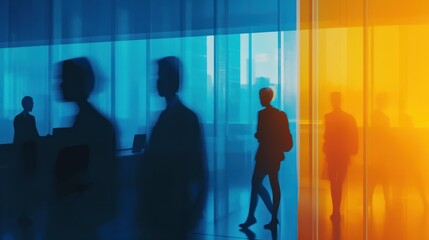 Blurred silhouette of office employees in a blue and yellow color business building. Generative ai.