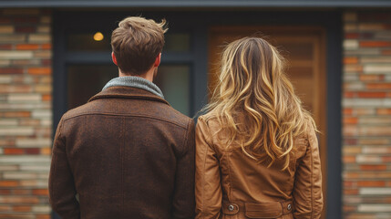 Fototapeta premium A man and woman standing in front of a brick building. The man is wearing a brown jacket and the woman is wearing a brown coat