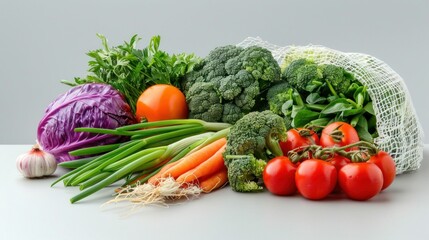 Fresh assortment of colorful vegetables on a light grey background