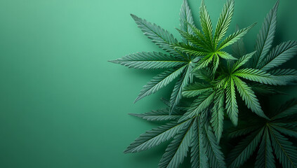 A marijuana plant with green leaves and a green stem is placed on a green background. The plant is the main focus of the image, and it is healthy and well-maintained