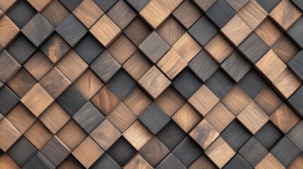Timber Block Wall. Geometric Wood Tile Pattern in Light and Dark Timber. Mosaic Wallpaper Background