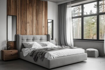 Minimalist Bedroom Interior with Concrete Floor, Large Window, and Modern Furniture