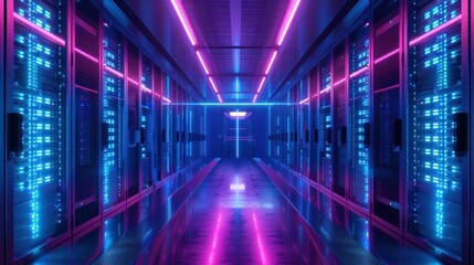 Futuristic data center corridor with neon lights in blue and pink hues