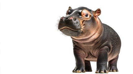 Obraz premium Angry baby hippo standing with its mouth slightly open, eyes narrowed, and wrinkled nose, as if protesting something. The plain white background emphasizes its tiny yet fierce expression.