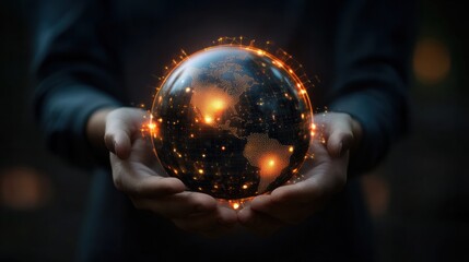 Fototapeta premium Businessman hold global business globe with network connected to digital marketing strategy and creative solution. Business development technology to support creativity idea