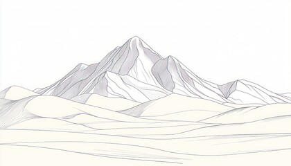 Line art illustration of a minimalist mountain range, using simple strokes to convey serene landscapes.