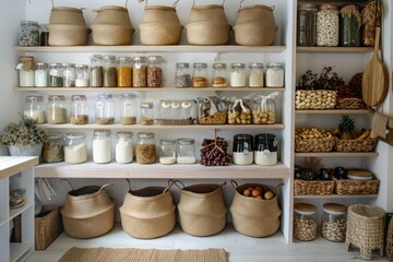 Cozy storage pantry with natural materials and organized jars filled with grains, nuts, and dried fruits A harmonized space promoting sustainability