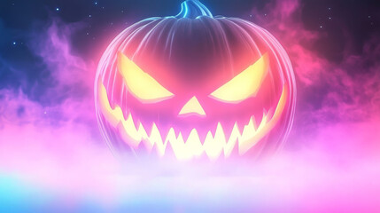 Naklejka premium A spooky Halloween pumpkin with a glowing face against a pink and blue cloudy sky.