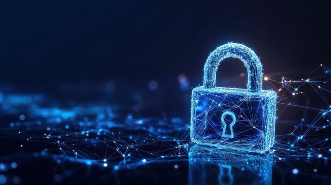 Convey the essence of cyber security technology with an image featuring a digital padlock representing data encryption and network protection, displayed against a deep blue backdrop, highlighting