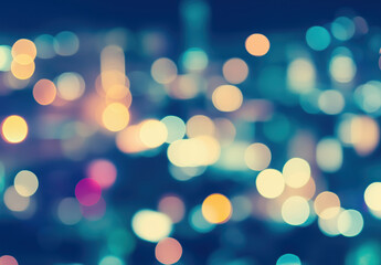 Obraz premium Cidade grande desfocada à noite com luzes brilhantes e bokeh artístico em tons de azul e roxo, criada com IA generativa.