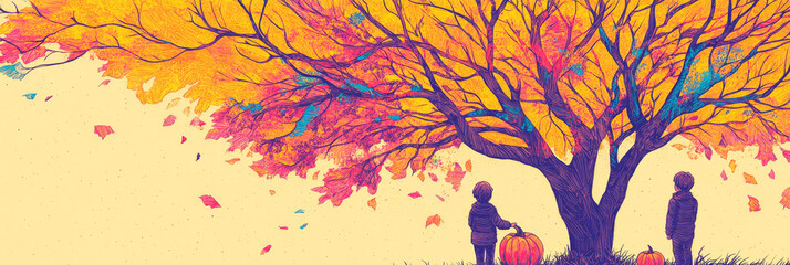 Fototapeta premium Two children stand under a vibrant autumn tree, pumpkins by their side.